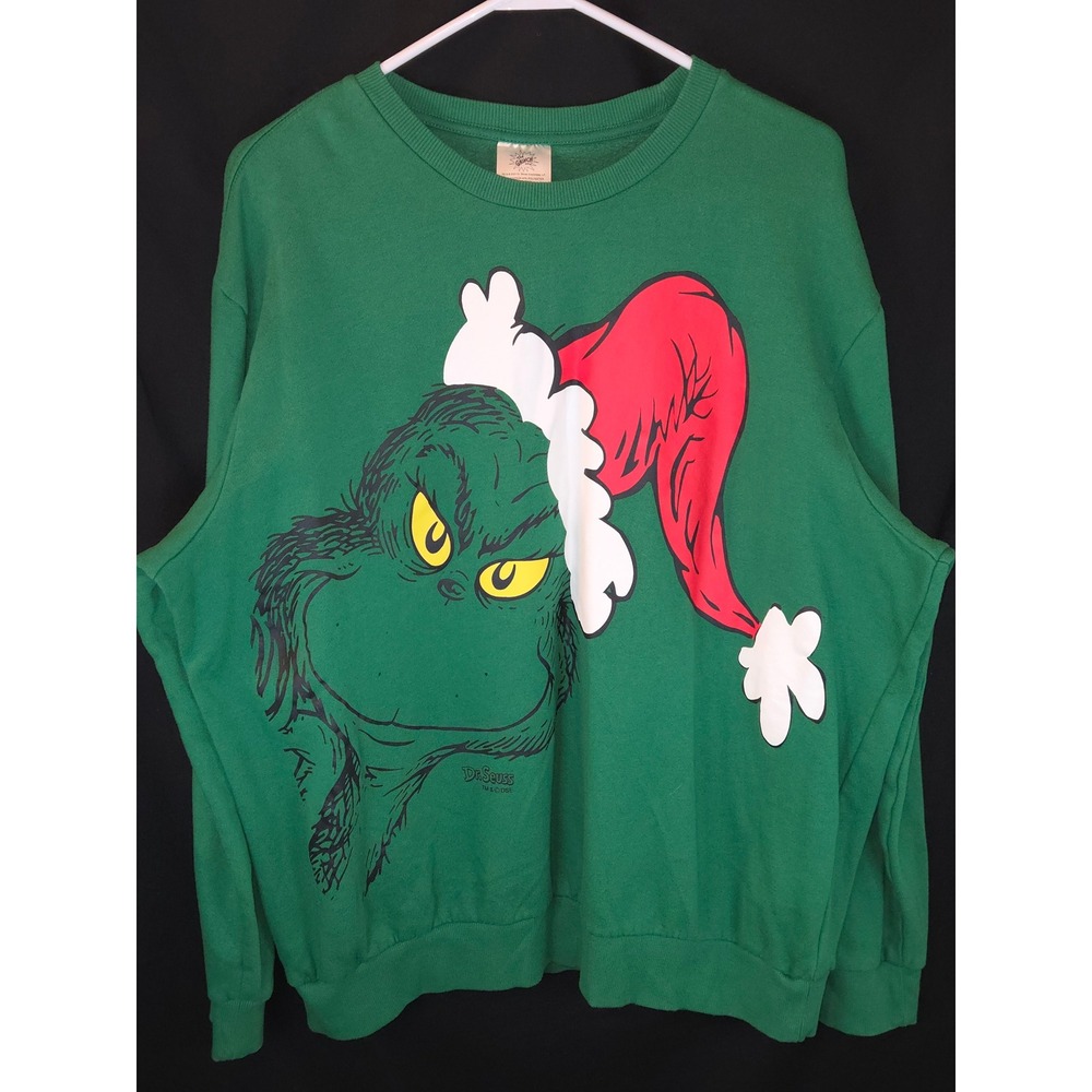 Dr Seuss The‎ Grinch Christmas Sweatshirt Mens XL Green Santa Hat Holiday